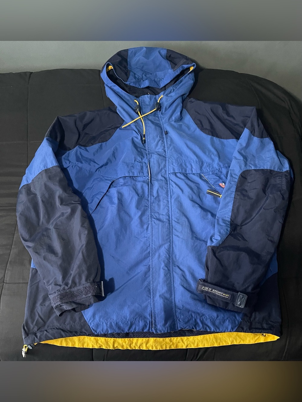 Polo by Ralph Lauren Two-Tone Blue Hooded Raincoat with Yellow Trim